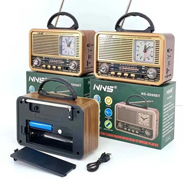 Nns ns-8898bt masa üstü saatlı nostaljik usb/tf/am/fm/radyo destekli bluetooth hoparlör - H3O