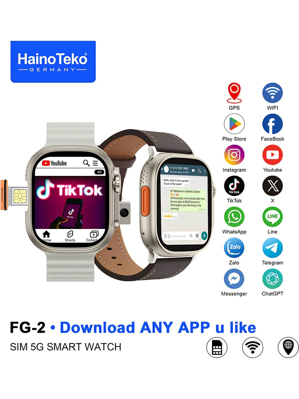Haino Teko Germany FG-2 5G SIM Internet and Social Media Supported Camera Android Software 49mm Smart Watch - A2N