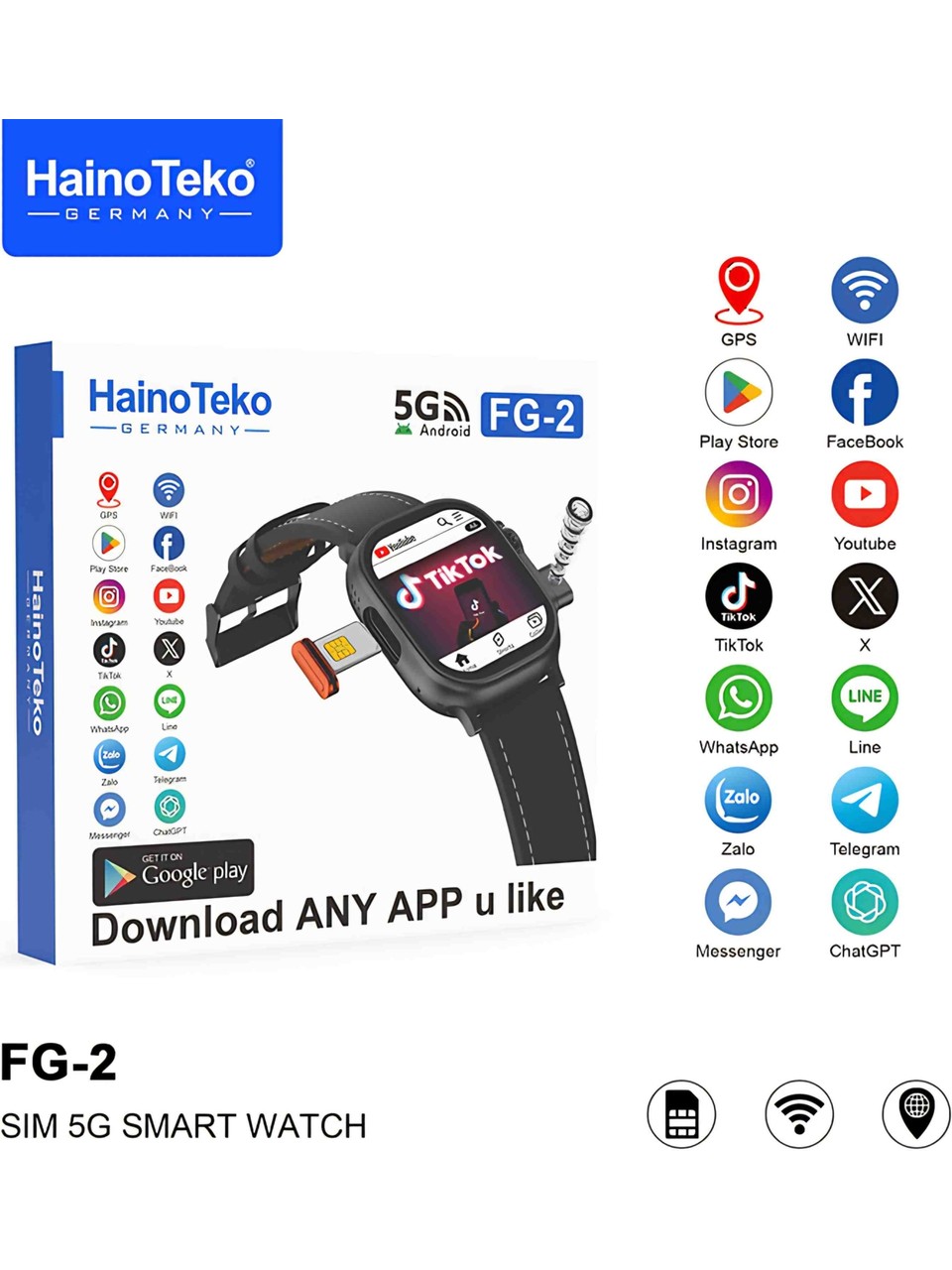 Haino Teko Germany FG-2 5G SIM Internet and Social Media Supported Camera Android Software 49mm Smart Watch - A2N