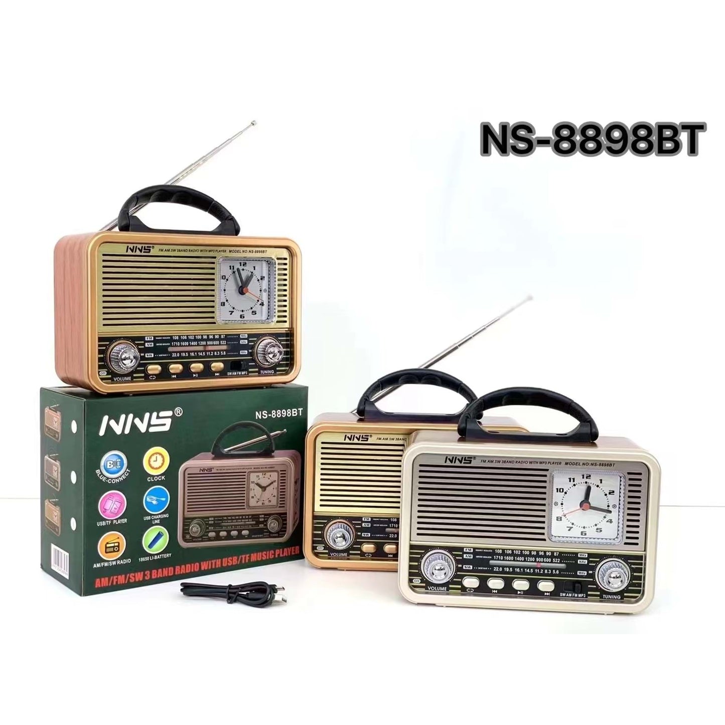 Nns ns-8898bt masa üstü saatlı nostaljik usb/tf/am/fm/radyo destekli bluetooth hoparlör - H3O