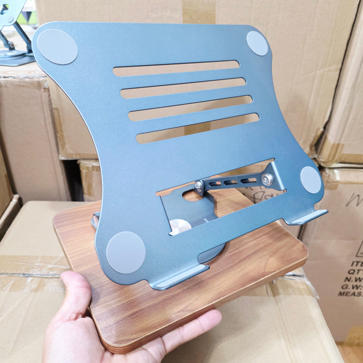 Metal 360 degree rotating adjustable height laptop and tablet holder desktop stand with wooden base Vip - N1S