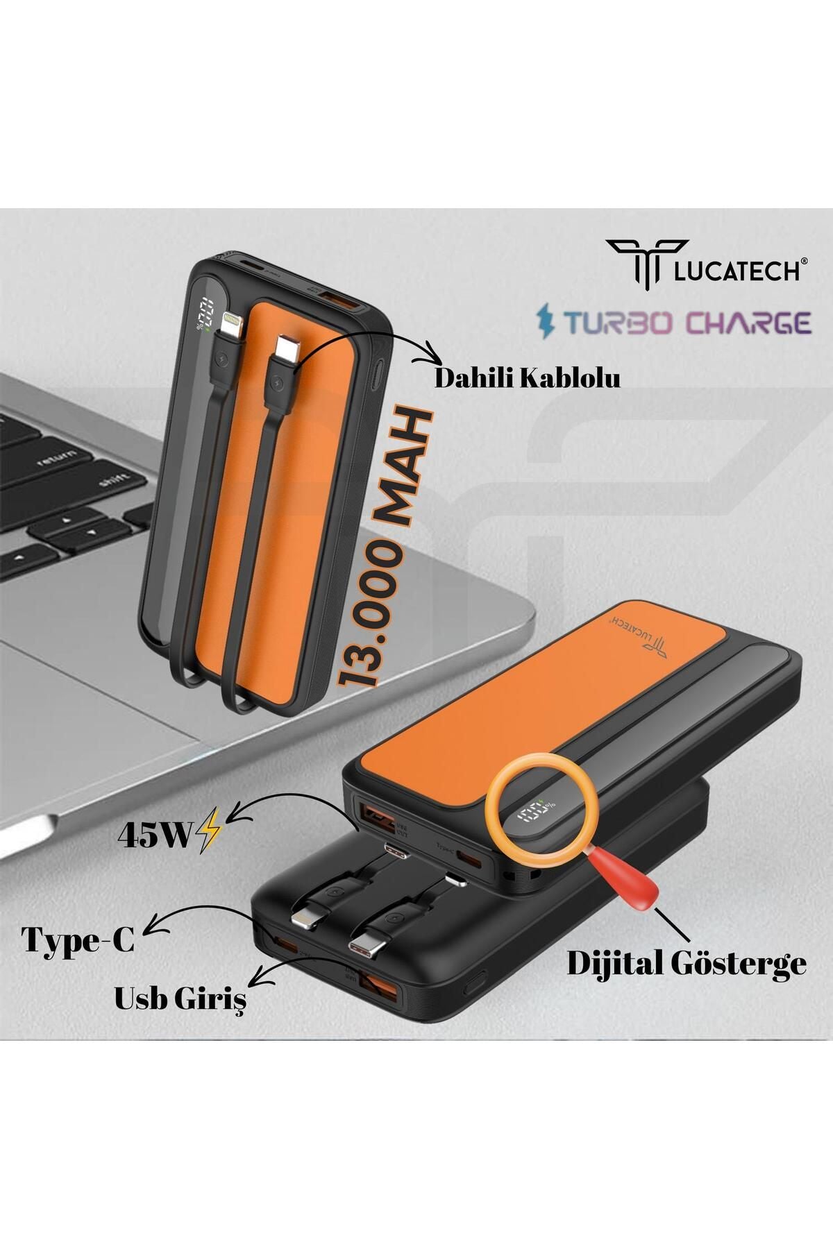 13000 mah kendisinden typeC lightning kablolu dijital göstergeli usb ve pd çıkışlı 45w taşınabilir powerbank lp-506