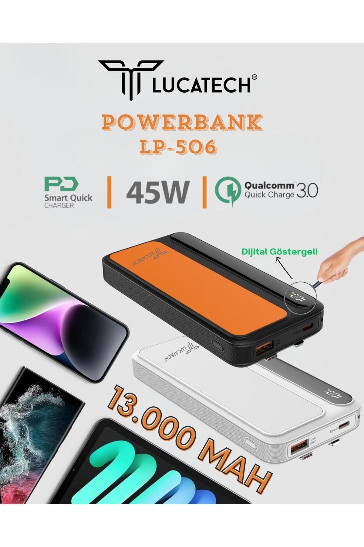 13000 mah kendisinden typeC lightning kablolu dijital göstergeli usb ve pd çıkışlı 45w taşınabilir powerbank lp-506