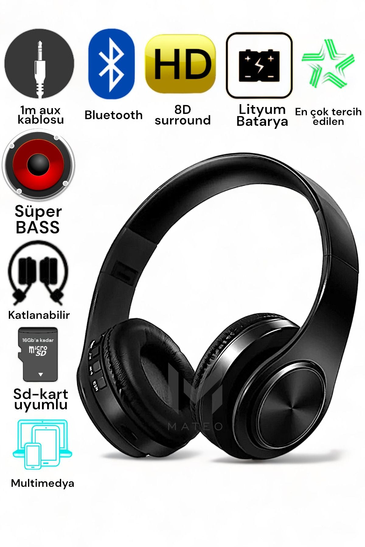 P68 kafa üstü hafıza kartı aux destekli ayarlanabilir katlanabilir mikrofonlu bluetooth kulaklık