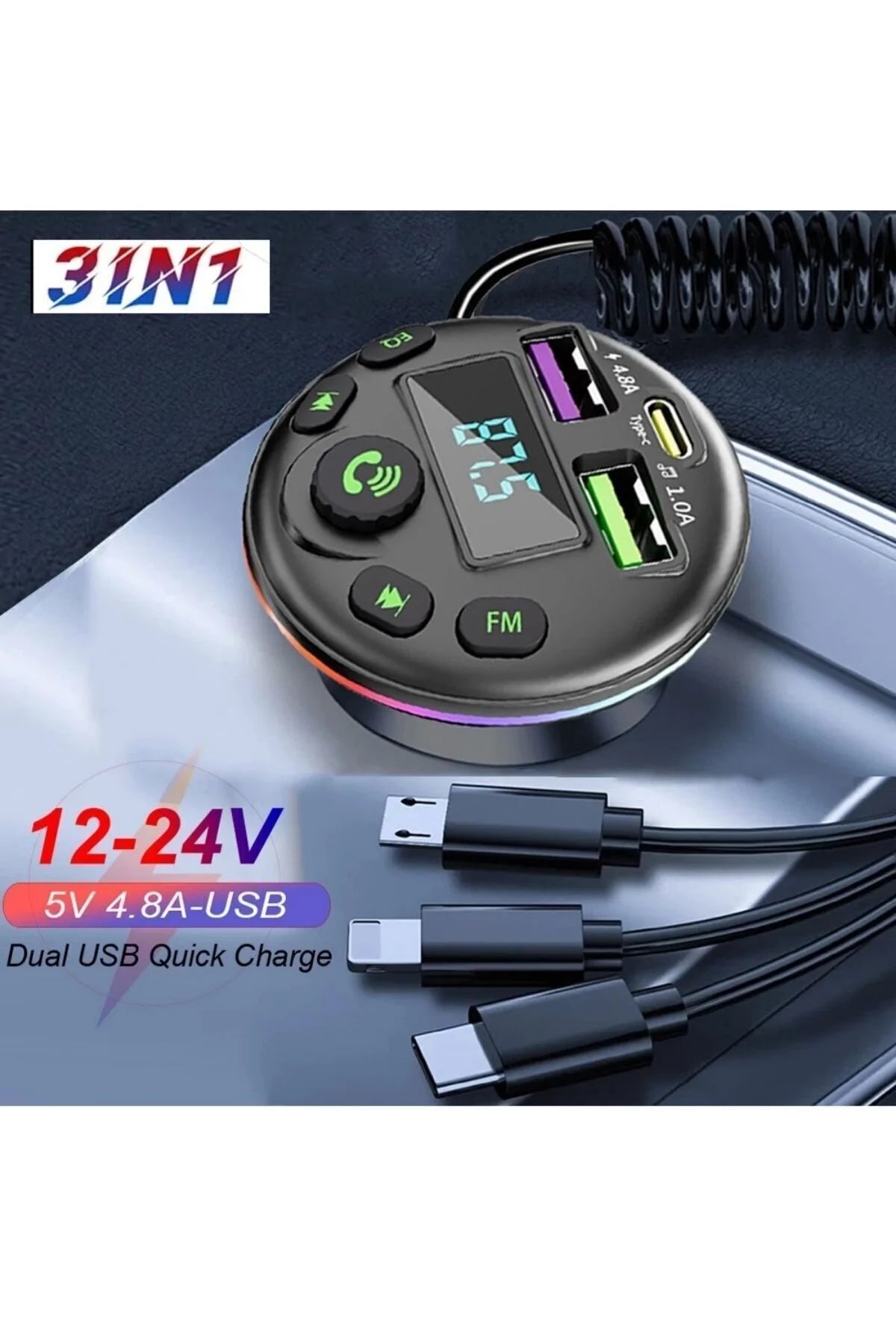Araç içi bluetooth fm transmitter - micro typec lightning 3ü1 arada - pd 20-36w hızlı şarj, usb müzik çalar, hands-free arama g14 - G4Q