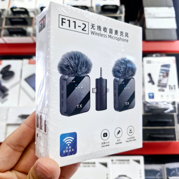 F11-2 Wireless TX Dual Lavalier Microphone | Type-C + Lightning + 3.5mm Jack | 3-in-1 Universal Wireless Microphone Set - G4A