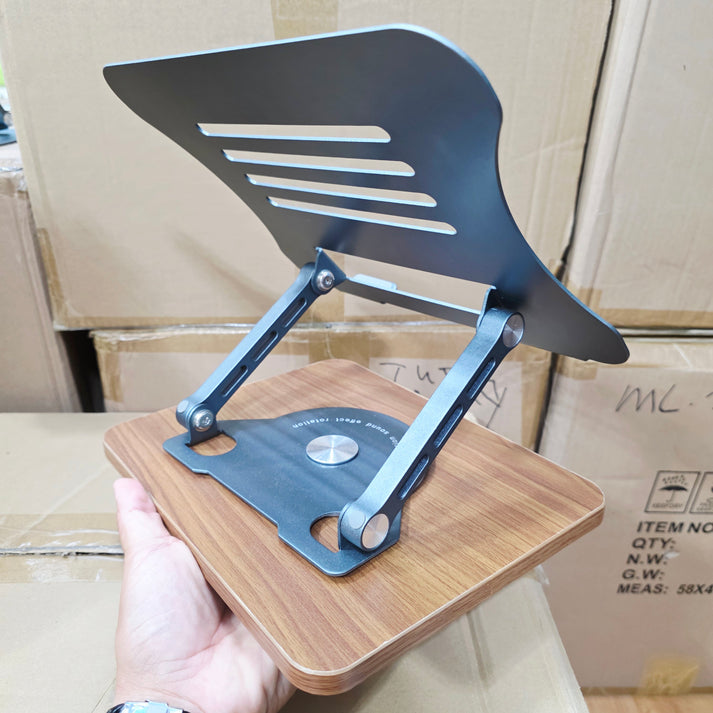 Metal 360 degree rotating adjustable height laptop and tablet holder desktop stand with wooden base Vip - N1S