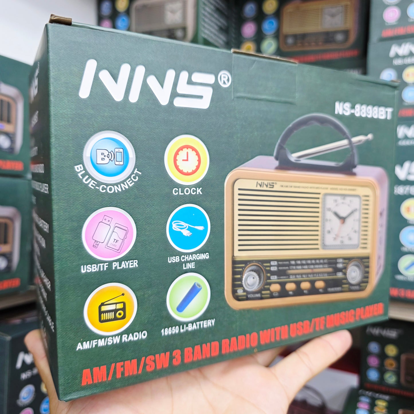 Nns ns-8898bt masa üstü saatlı nostaljik usb/tf/am/fm/radyo destekli bluetooth hoparlör - H3O