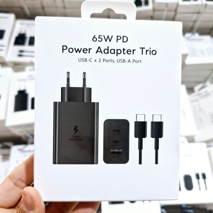 Logosuz 65w trio 3ü1 arada (typec 65w + typec 25w + usb 15w) çıkışlı adaptör ve typec to typec kablo hızlı şarj seti - S1Z