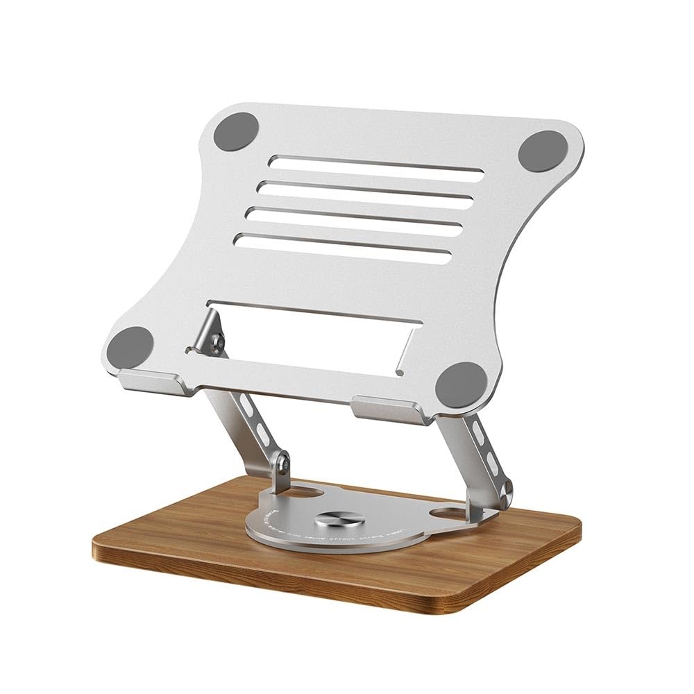 Metal 360 degree rotating adjustable height laptop and tablet holder desktop stand with wooden base Vip - N1S