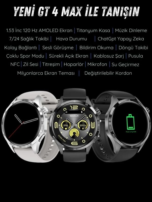GT4 Max Premium Klasik Erkek Akıllı Saat Amoled Ekranlı Sesli Görüşme Yapan NFC,GPS,Spor Takibi,Rehber Kaydı Android&iOS İphone Huawei Xiaomi Uyumlu Kol Saati - A3J