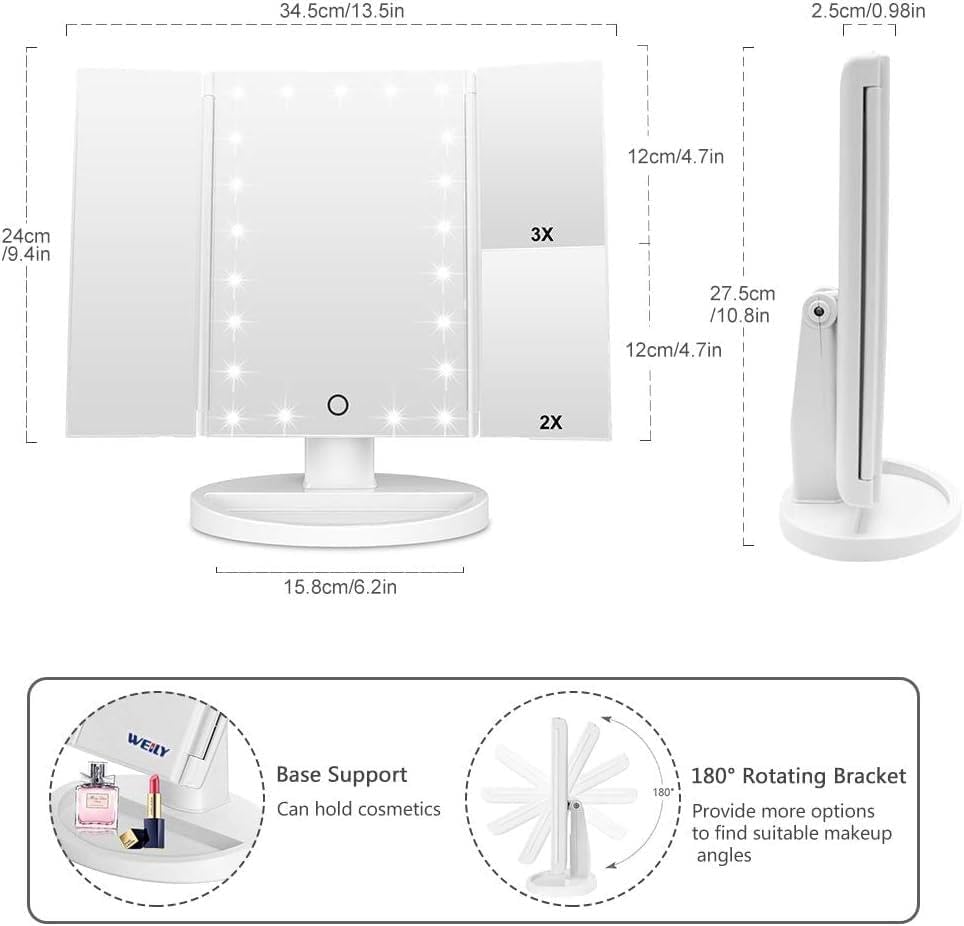 21 LED adjustable illuminated tabletop makeup mirror 1x 2x 3x magnifying touch screen - G3U