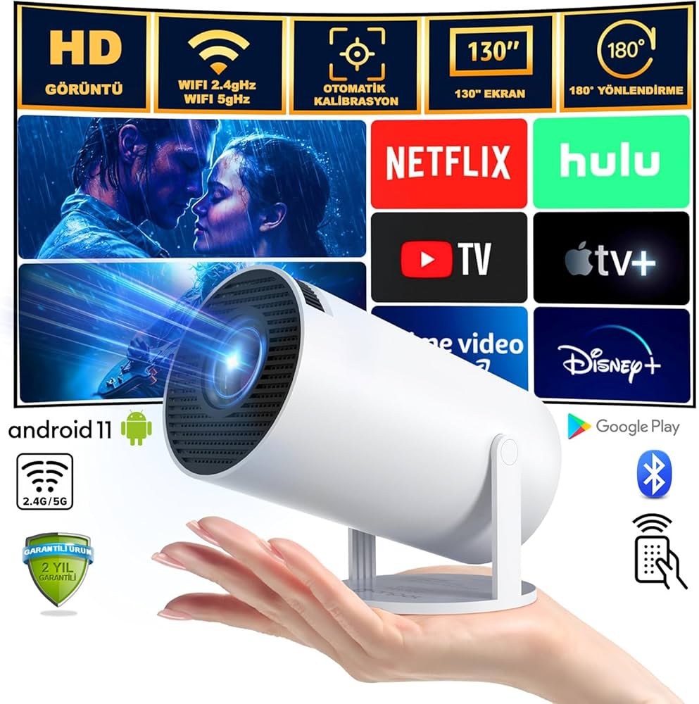 HY300 Akıllı full hd Mini Projektör – Android 11, Çift WiFi6, BT5.0 ile Ev Sineması Deneyimi