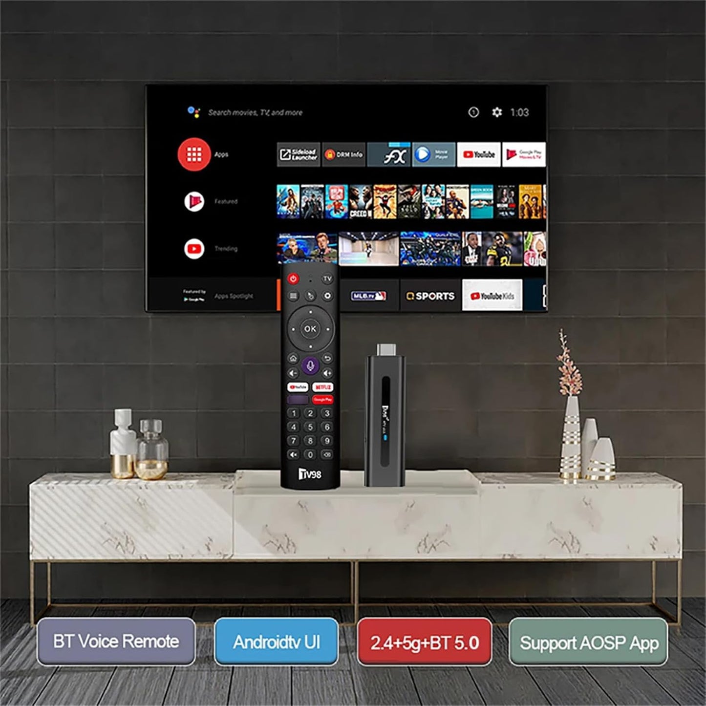 TV98 ATV Stick Mini TV Stick Android 14 H618 Dört Çekirdekli Cortex A53 Desteği 8K Video 2.4G 5G WiFi BT5.0 Sesli Uzaktan Kumanda Akıllı TV Kutusu (2+16GB) - G6H