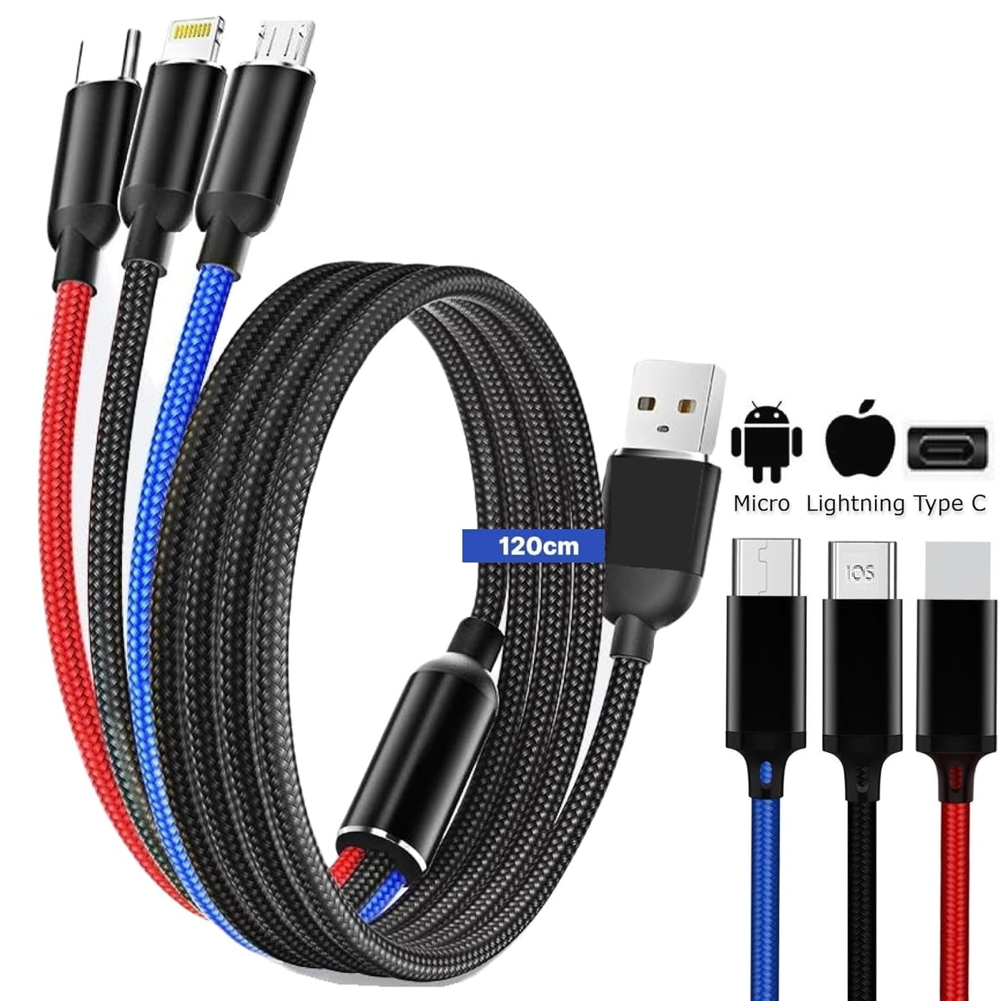 3ü1 arada usb typeC micro lightning şarj ve veri aktarım kablosu 1,2 m