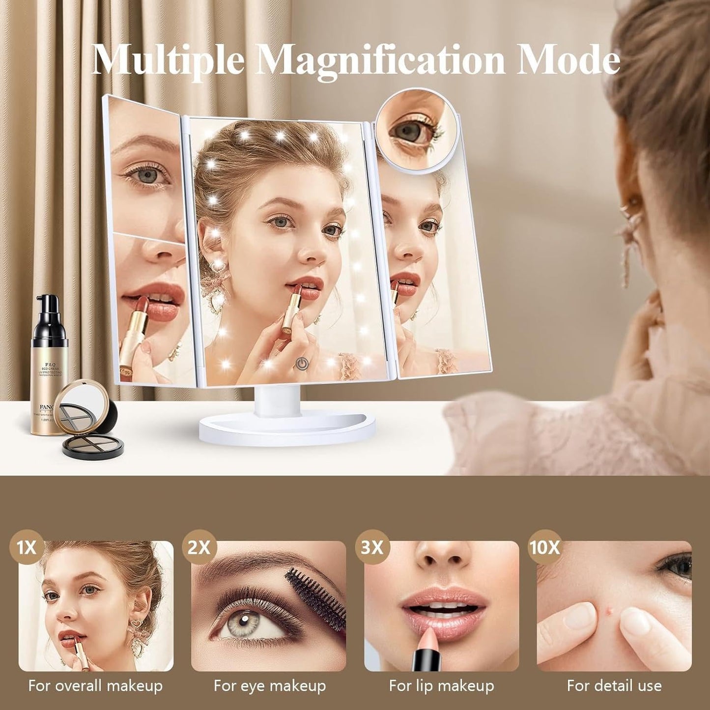 21 LED adjustable illuminated tabletop makeup mirror 1x 2x 3x magnifying touch screen - G3U
