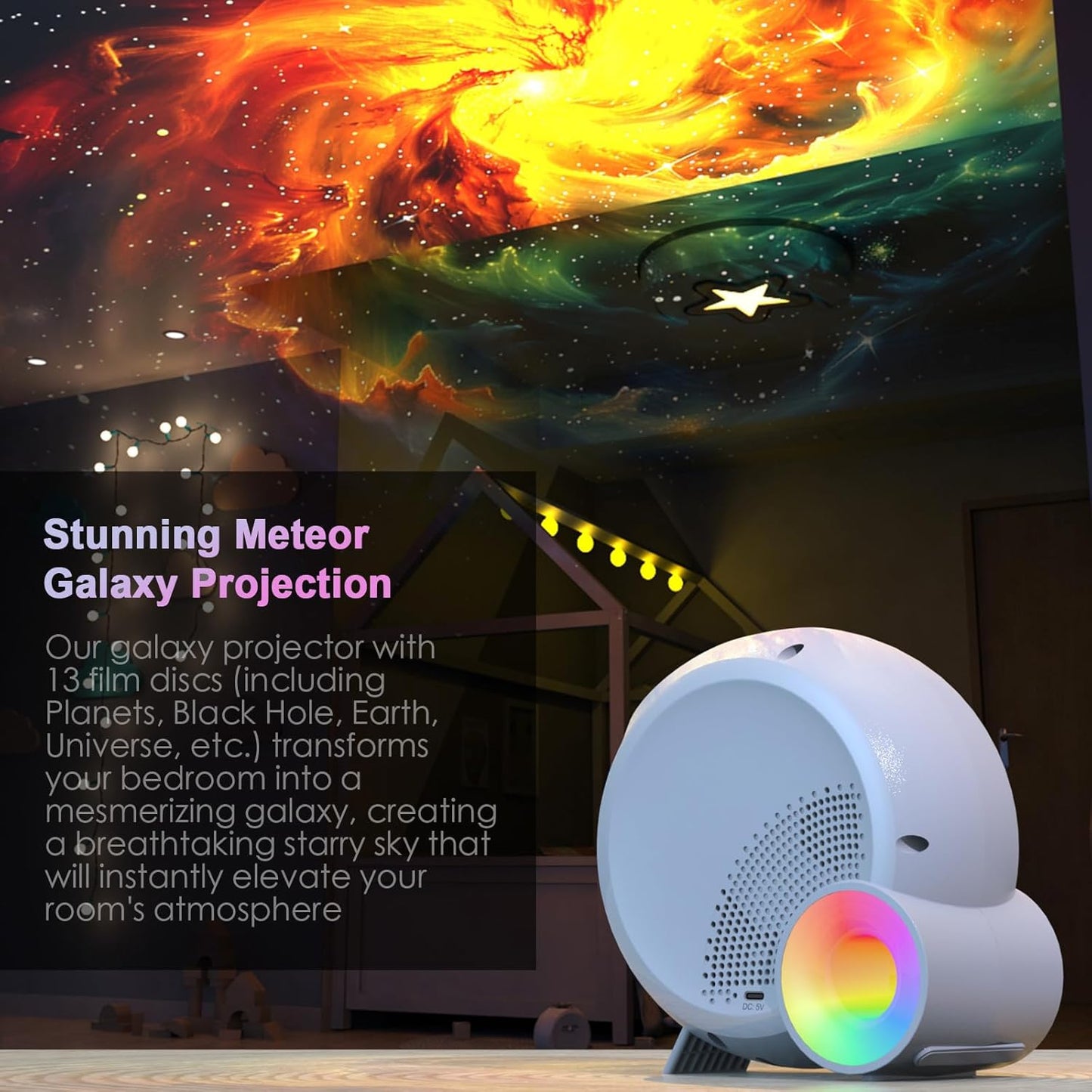 Galaxy Projektör Yıldız Gökyüzü Projeksiyon Lambası 13 Film Diski RGBCW Yatak Odası Ortam Işığı Gece Lambası BT Hoparlörler 15 Beyaz Gürültü Parçası 1H/2H/4H Uzaktan Kumanda ile Zamanlayıcı Ay - H3P