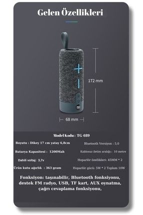 TG-619 kumaş dokulu 10W 1200mah stereo fm radyo Sd kart Usb aux destekli 5.0V taşınabilir Bluetooth hoperlör