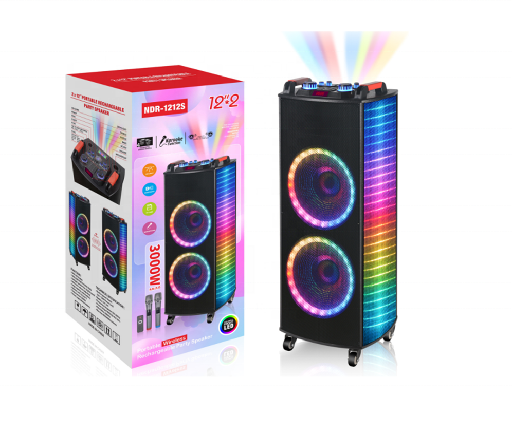 NDR-1212S مكبر صوت بلوتوث محمول 2x12 بوصة 100 وات - مع ميكروفون وإضاءة RGB
