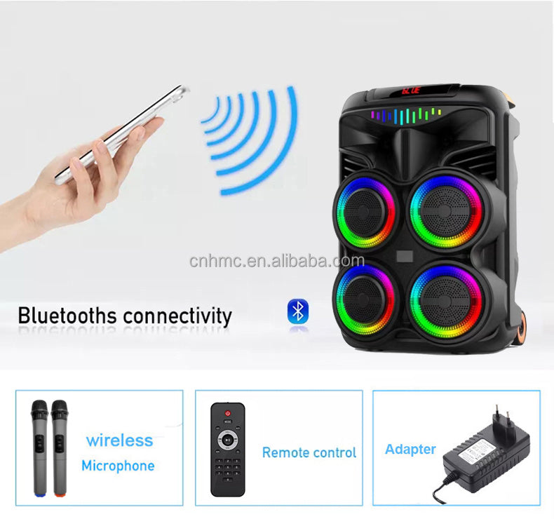 WGY-8888 مكبر صوت بلوتوث محمول مقاس 4x8 بوصة - صوت جهير إضافي ومكبر صوت مدمج وميكروفون وإضاءة RGB