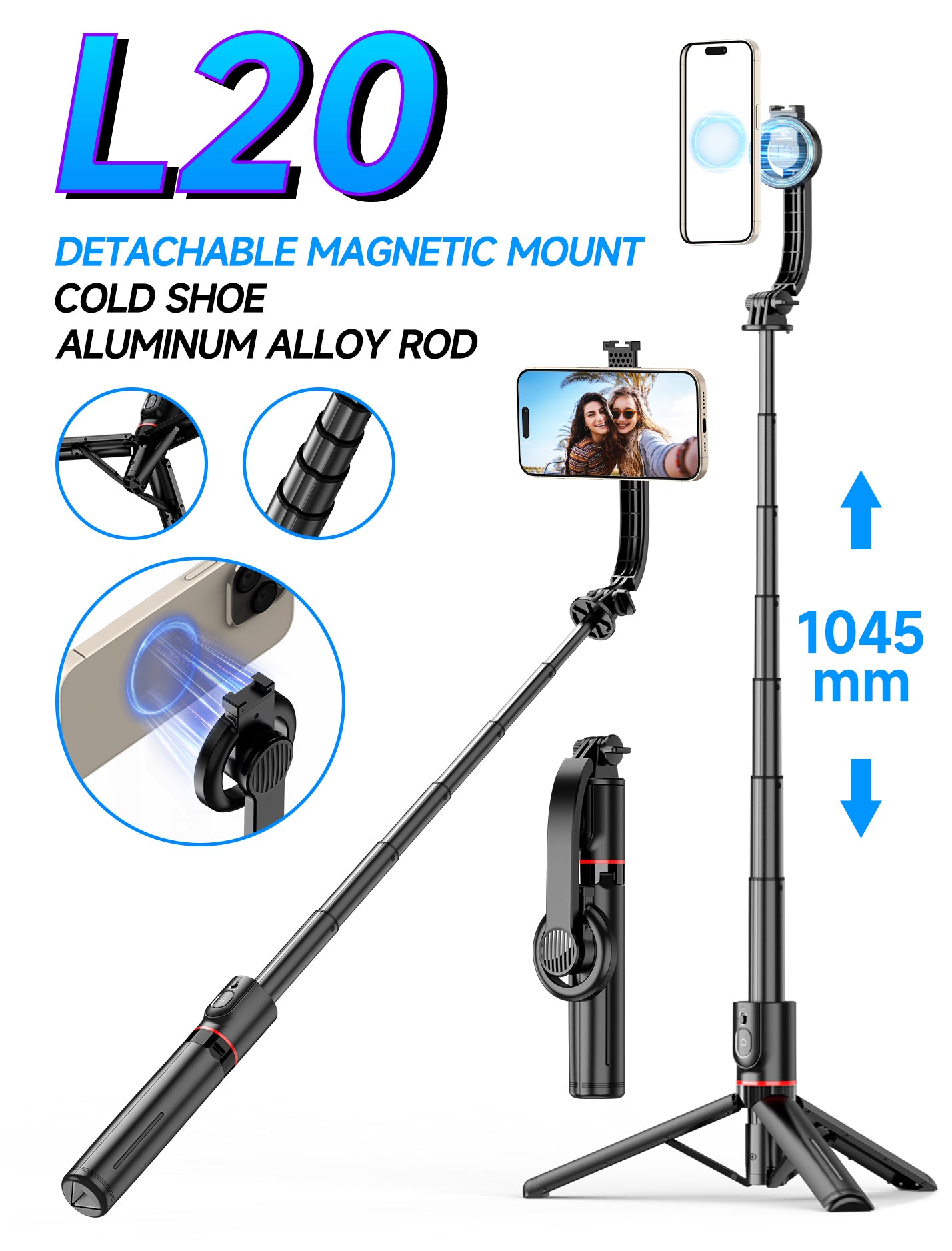 L20 1045mm uzayabilir katlanabilir selfie stick | tripod standlı, mıknatıslı, 360° döner başlıklı, bluetooth kontrollü - G4İ