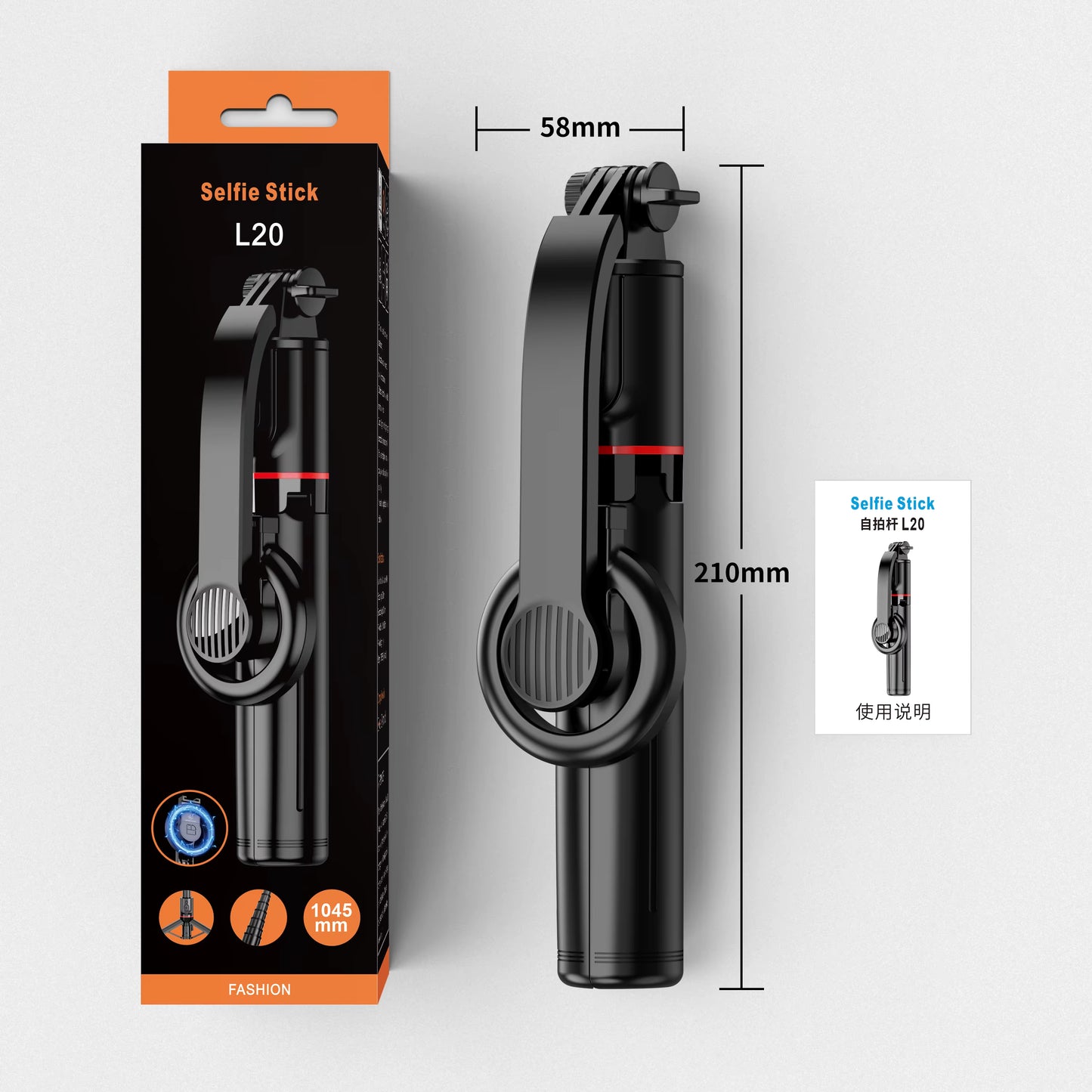 L20 1045mm uzayabilir katlanabilir selfie stick | tripod standlı, mıknatıslı, 360° döner başlıklı, bluetooth kontrollü - G4İ
