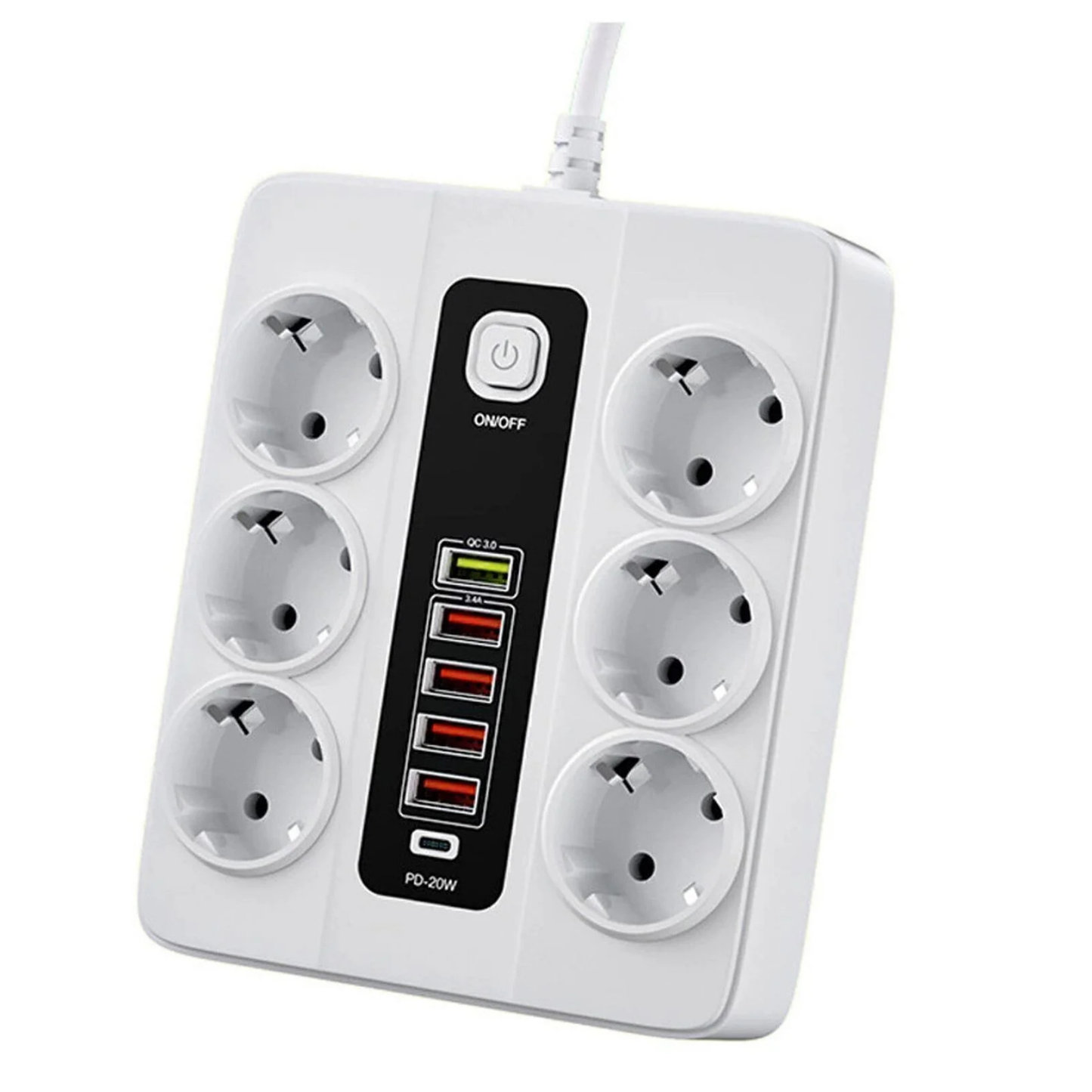6 مقابس 5 منافذ USB + مقبس تيار متردد PD بقوة 20 وات مع مصهر وقفل أمان للأطفال متين 3000 وات - G6B