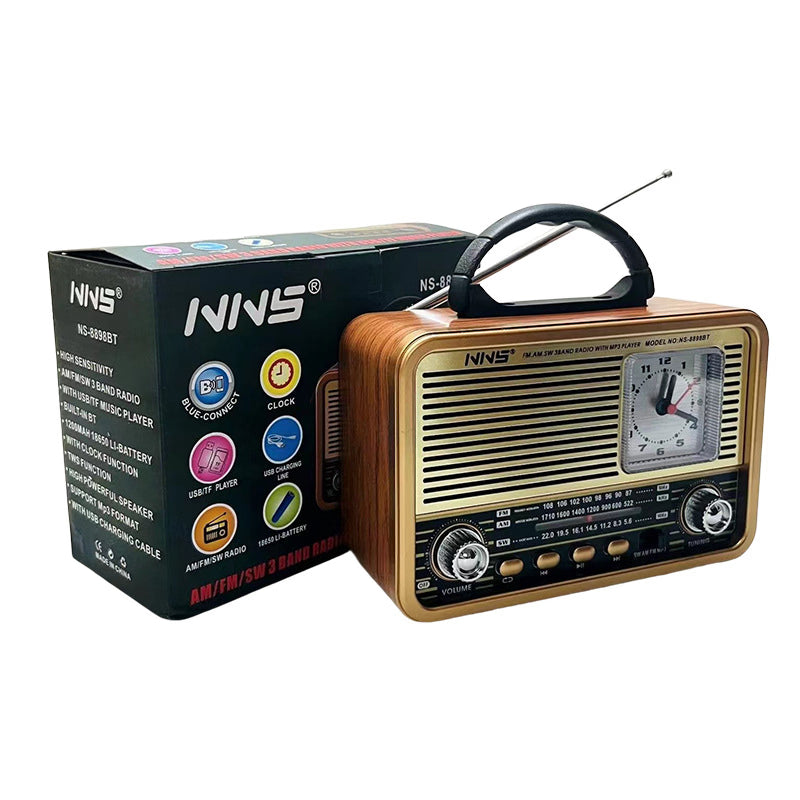 Nns ns-8898bt masa üstü saatlı nostaljik usb/tf/am/fm/radyo destekli bluetooth hoparlör - H3O