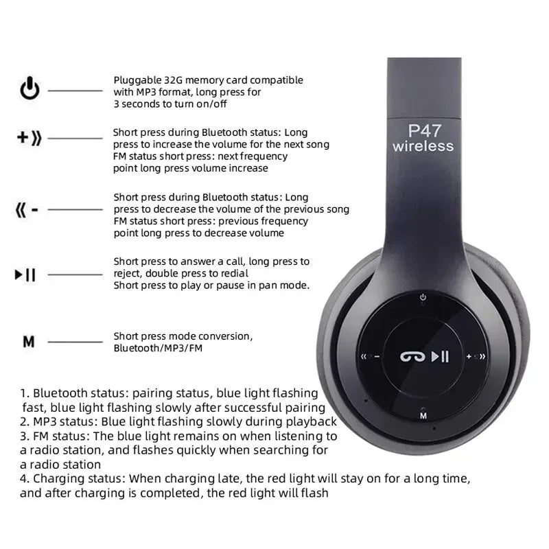 P47 hafıza kart aux destekli kafa üstü bluetooth kulaklık