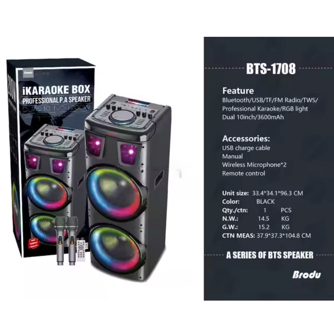 BTS-1708 Wireless Bluetooth Speaker | 200W Power, Dual Speakers & Microphone, RGB Light, 3600mAh Battery, TWS Support, USB/TF/FM - H2U