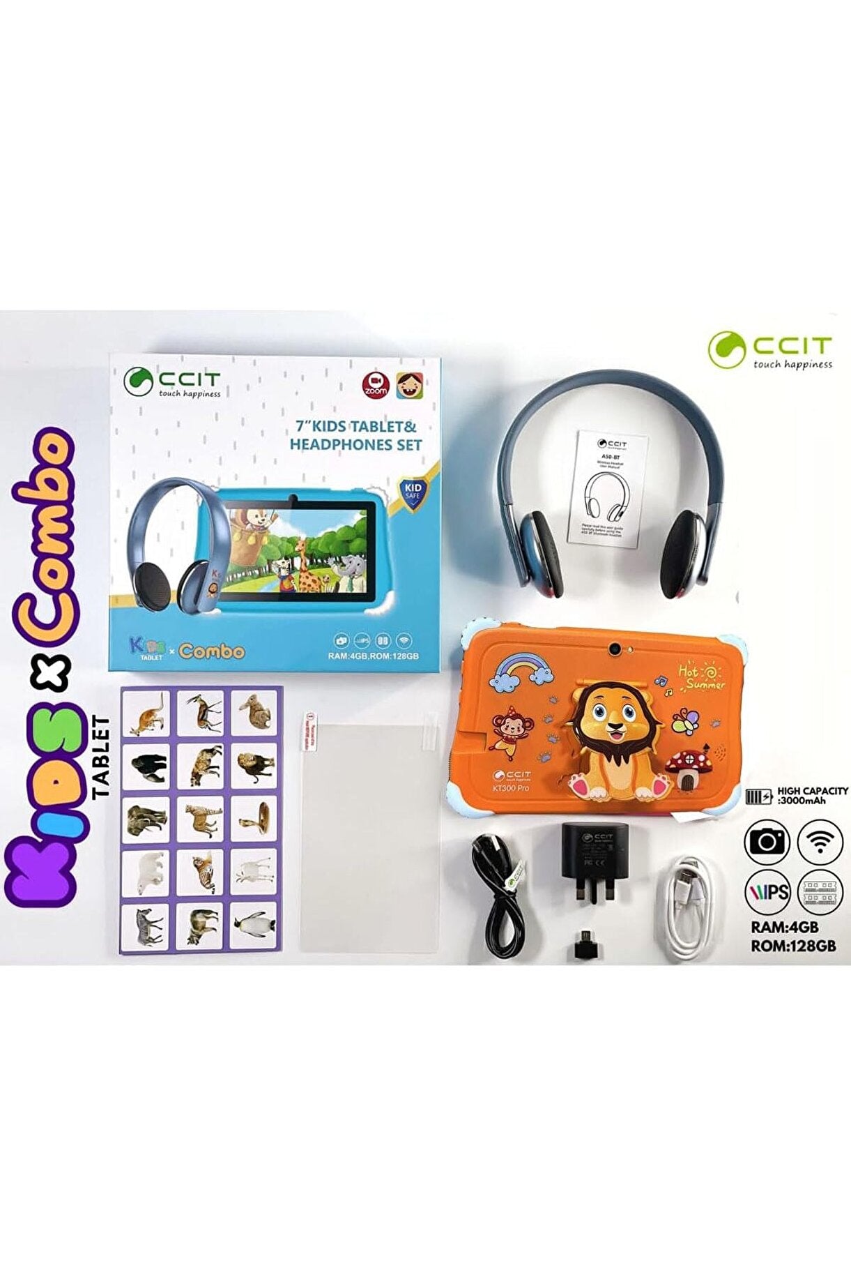 CCIT 7" Kids Tablet & Headset - 4GB RAM, 128GB Memory, Android 10, Zoom Supported, Special Educational Tablet for Children - G3Y