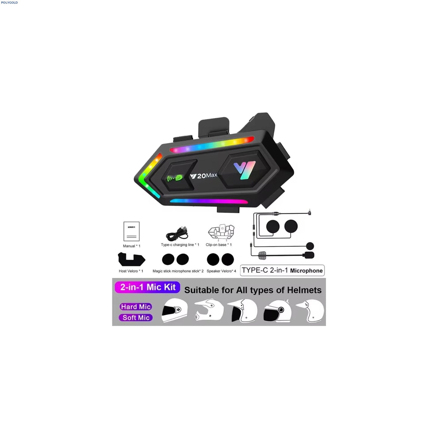 Y20 su geçirmez kask intercom 5.3v bluetoothlu stereo rgb ışıklı hd mikrofon ve müzik deneyimi - G5H