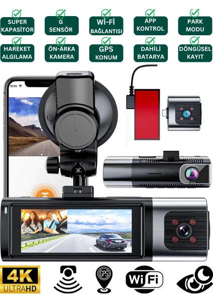 K17 ARAÇ İÇİ kamera EKRANLI 4K UHD ÖN-ARKA-İÇ KAMERA Gece Görüş, Çift Lens Dashcam Kayıt - G6R