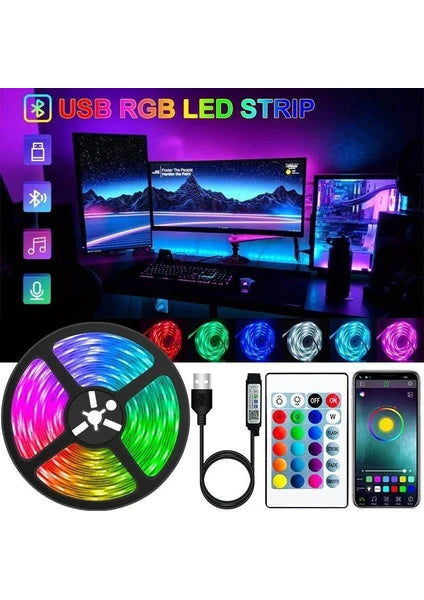 akıllı RGB led şeridi USB 10 metre uygulama kontrollü ve ses hasasiyet destekli suya dayanıklı ışık