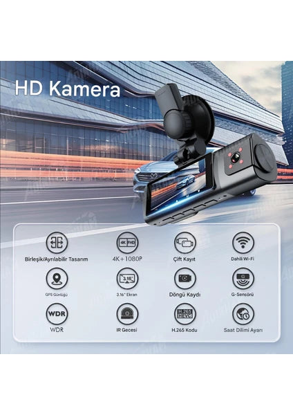 K17 ARAÇ İÇİ kamera EKRANLI 4K UHD ÖN-ARKA-İÇ KAMERA Gece Görüş, Çift Lens Dashcam Kayıt - G6R