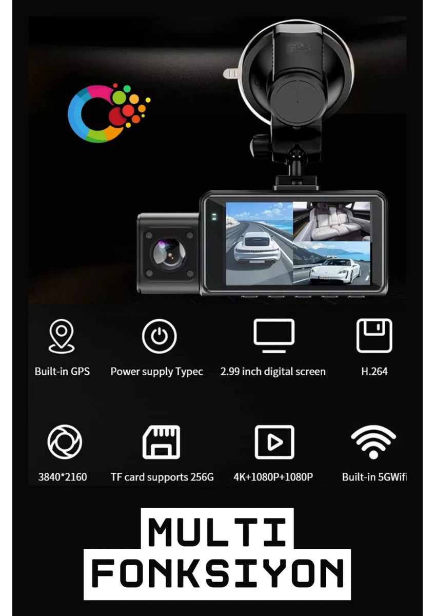 F6 4K 1080P Monitörlü Gece Görüşlü 3 Kanal WİFİ/GPS li döngü kayıtlı Araç Iç Dış Kamera - G6T