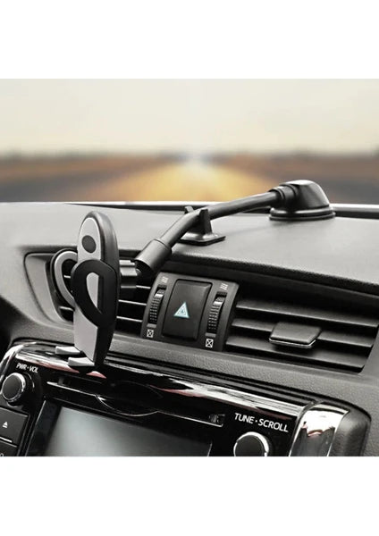 Elbow-supported, long spring-armed, suction cup, 360-degree adjustable vacuum in-car phone holder that can be attached to the dashboard and window - R2M
