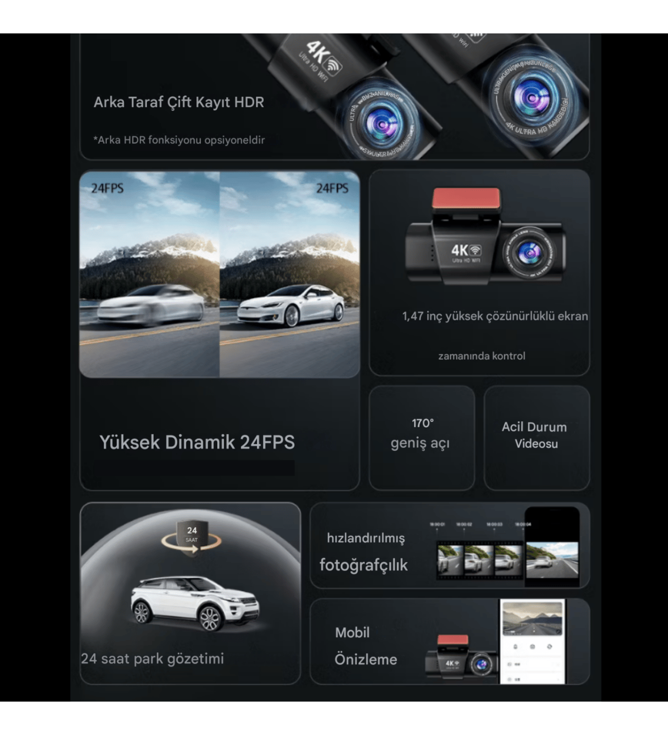 WİFİ çift ön arka 4K Araç içi Güvenlik Kamerası + Park Modu Kablosu Çift Kamera Kayıt Cihazı GPS Gece Görüşü mikrofonlu dash cam - G5V