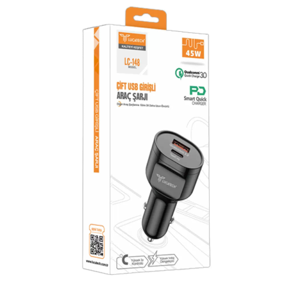 Lc-148 usb+typeC çift çıkışlı turbo destekli araç şarj başlık 45W