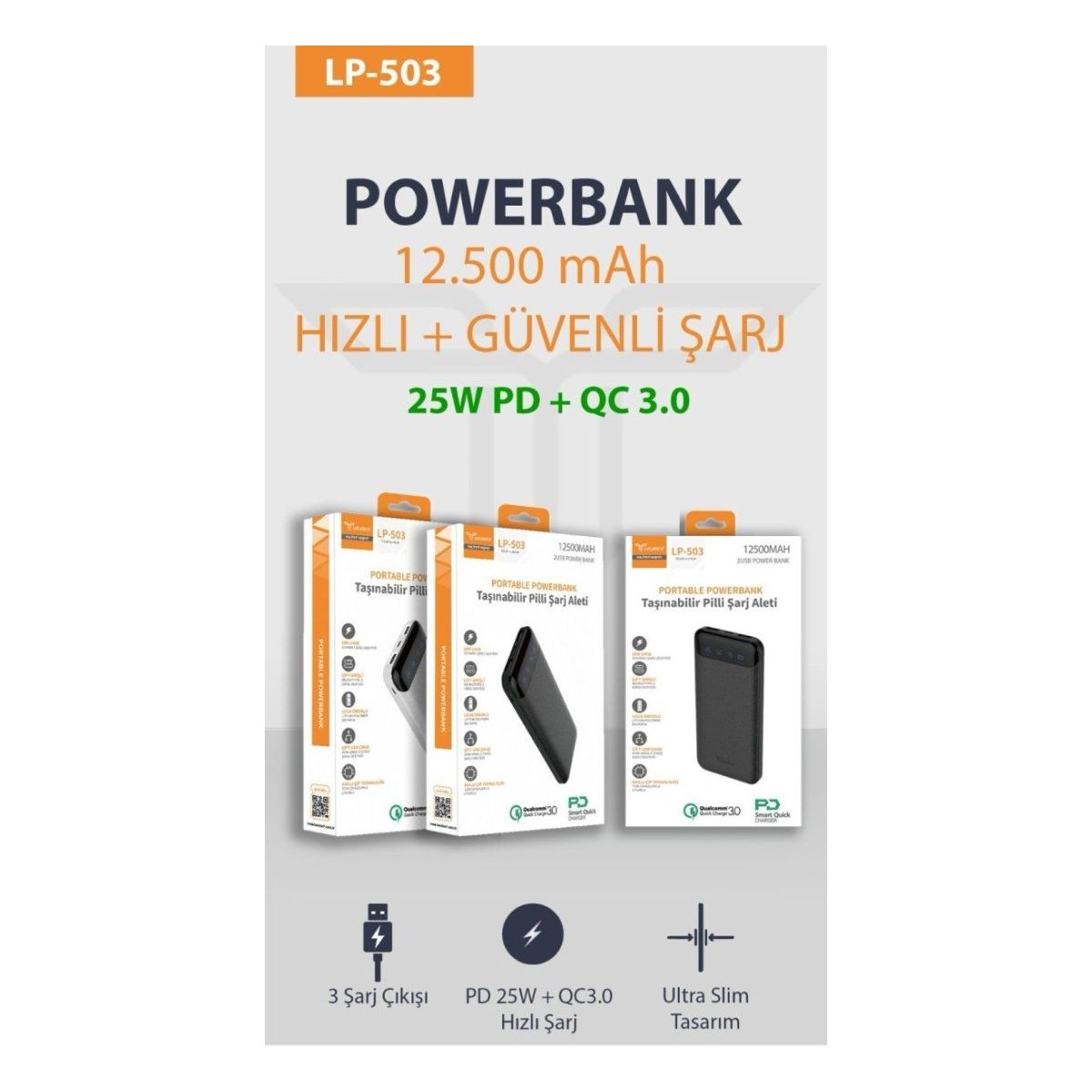 12500 mAh hızlı şarj destekli çift USB ve typeC mikro girişli taşınabilir led göstergeli powerbank lp-503