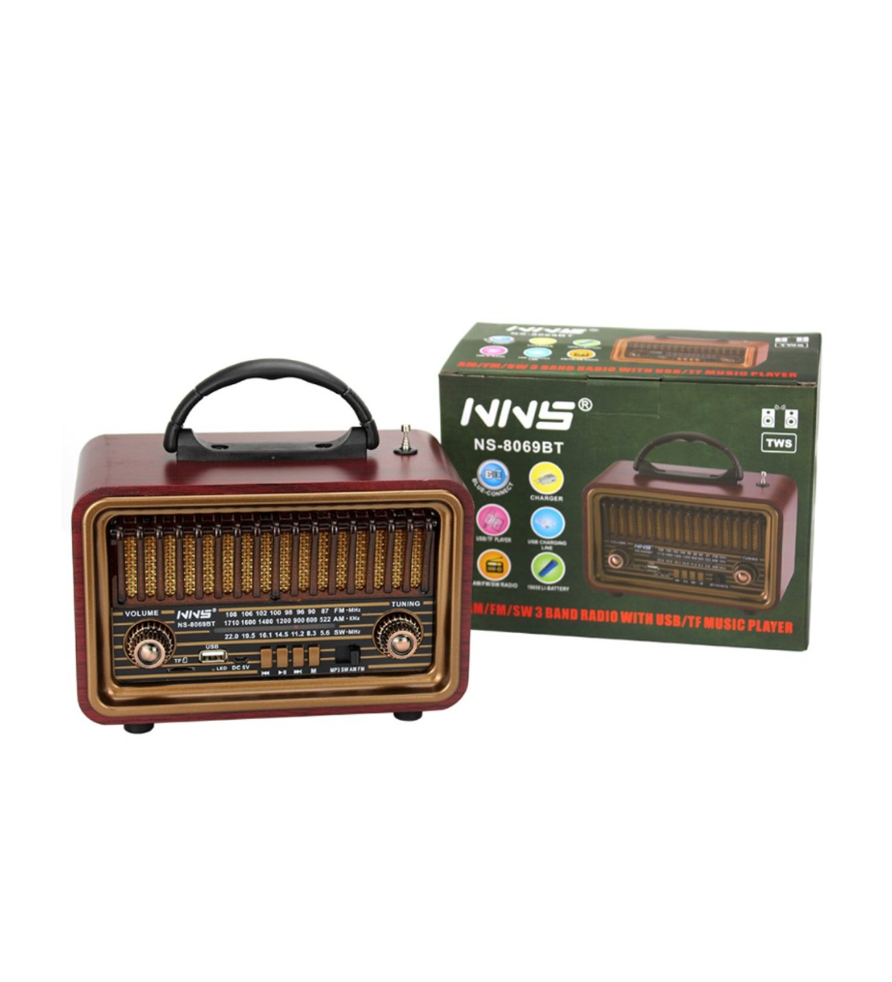 Nns ns-3315bt nostaljik tws tf/am/fm/radyo/usb destekli 18650 mah bluetooth hoparlör - H3N