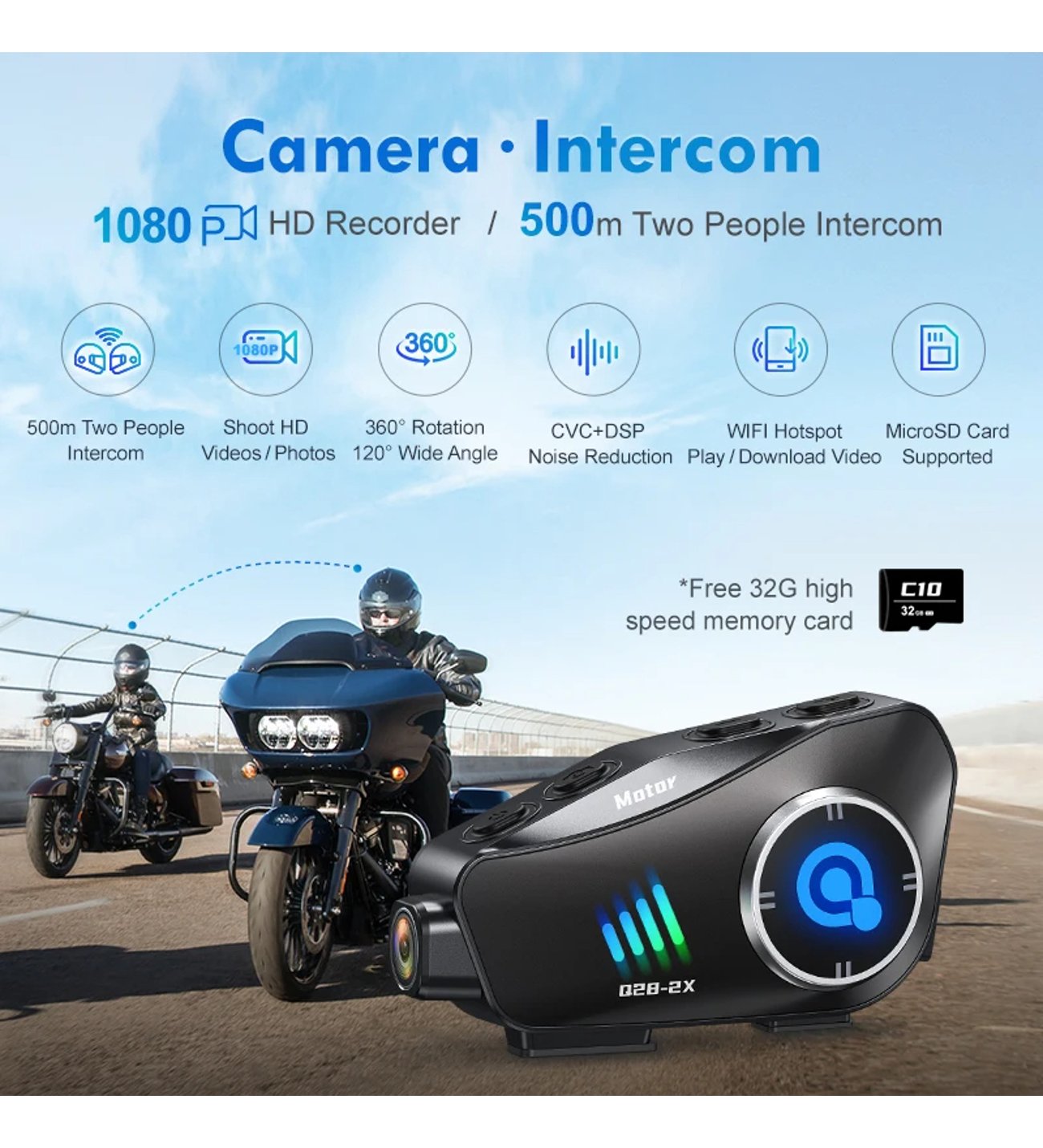 Q28 1080P kameralı Intercom +32GB SD Kartlı Bluetooth Motorsiklet Kask Kulaklığı İnterkom su geçirmez - G6O