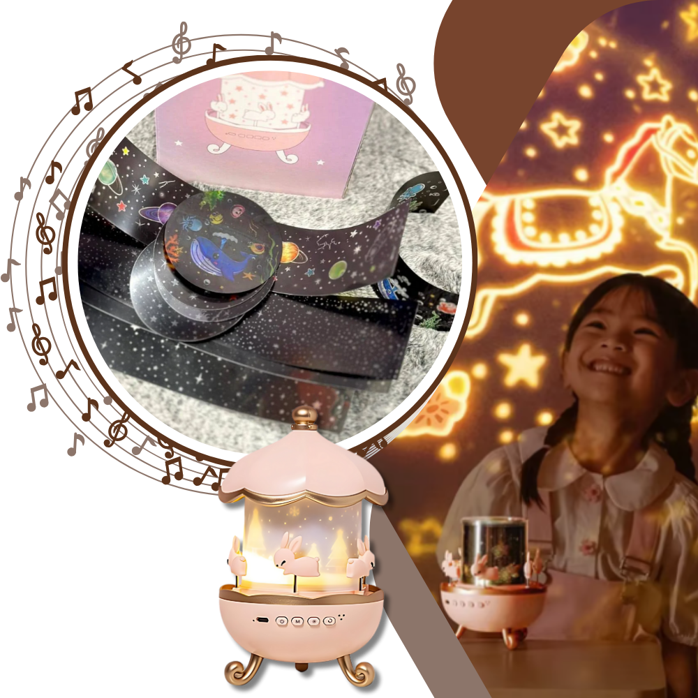 Tavşan Atlıkarınca Gece Lambası Projektörü bluetooth hoparlör, 6'lı Set Filmli Dönen LED Lamba, Büyülü Bir Çocuk Odası Atmosferi için Yıldız Projeksiyon Işığı, Çocuk Odası Dekoru için Döndürülebilir Tavşan Gece Lambası - H3X
