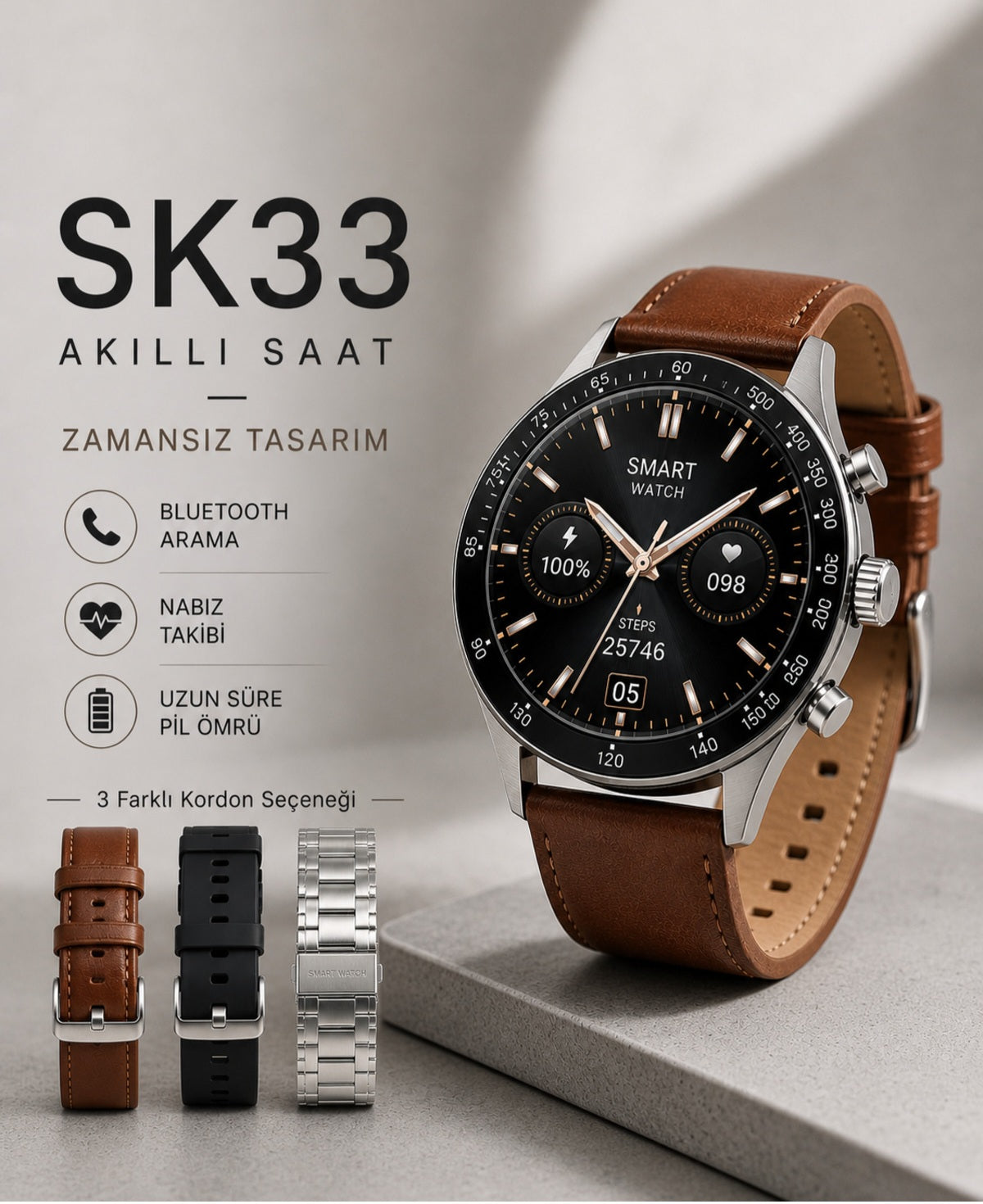 SK33 Pro Premium AMOLED Ekran Yuvarlak Akıllı Saat - Bluetooth Arama, AI & ChatGPT Desteği + 3 Farklı Kordon Hediyeli (Android ve iOS Uyumlu) LENSUN