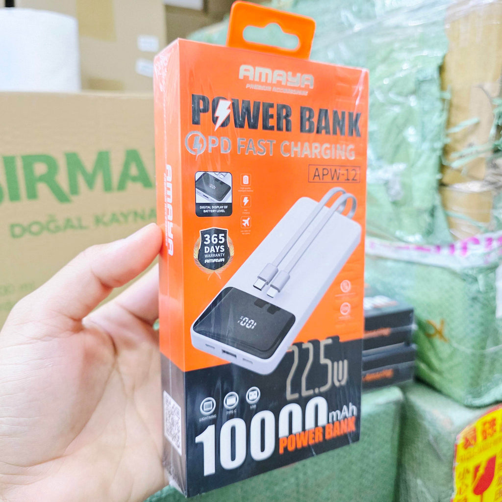 22,5W 10000 mah hızlı pd şarj destekli göztergeli kendisinden typeC lightning kablolu typeC ve usb çıkışlı powerbank apw12 - P2A - KolayMagza