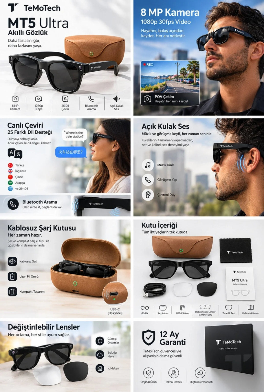 MT5 Ultra AI Akıllı Gözlük Kameralı 8MP 1080P Çeviri Destekli Bluetooth Sesli Görüşmeli Yapay Zekalı Akıllı Güneş Gözlüğü (2GB Dahili Hafıza) sampon