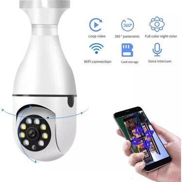Wifi panorama camera mikrofonlu 360 derece döner led ışıklı gece görüşlü full hd ampul kamera - G1W - KolayMagza
