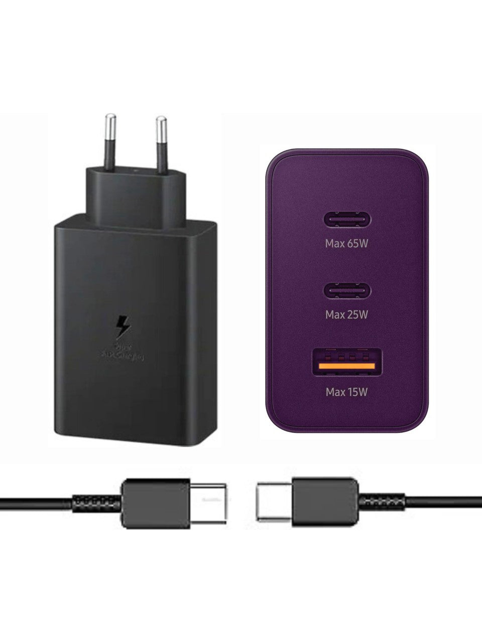 samsng 65w trio 3ü1 arada (typec 65w + typec 25w + usb 15w) çıkışlı adaptör ve typec to typec kablo hızlı şarj seti - S2N - KolayMagza