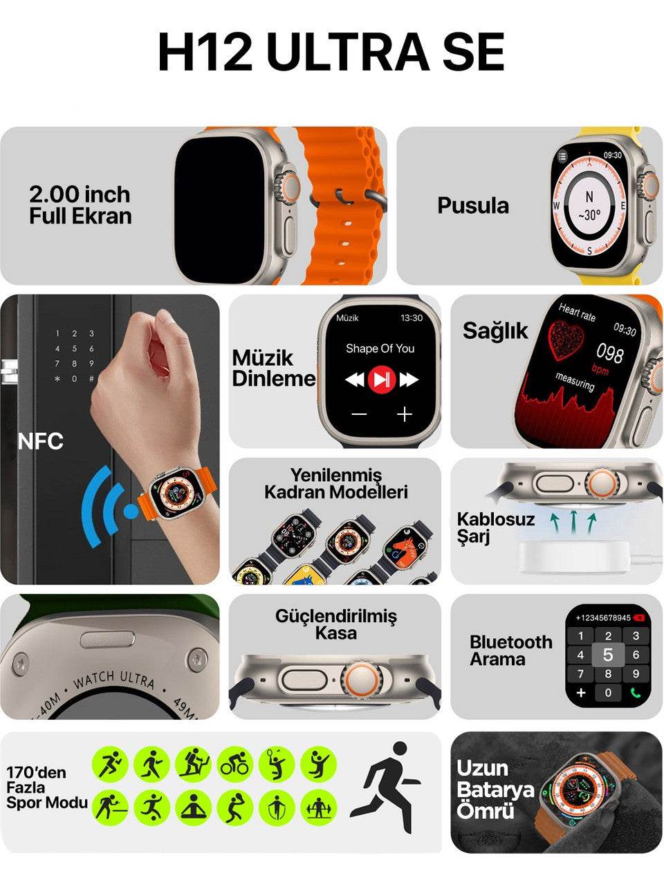 H12 ultra se 49mm akıllı saat - pusula, nfc, siri ve bluetooth arama özellikleri ile yüksek performans - A1K - KolayMagza