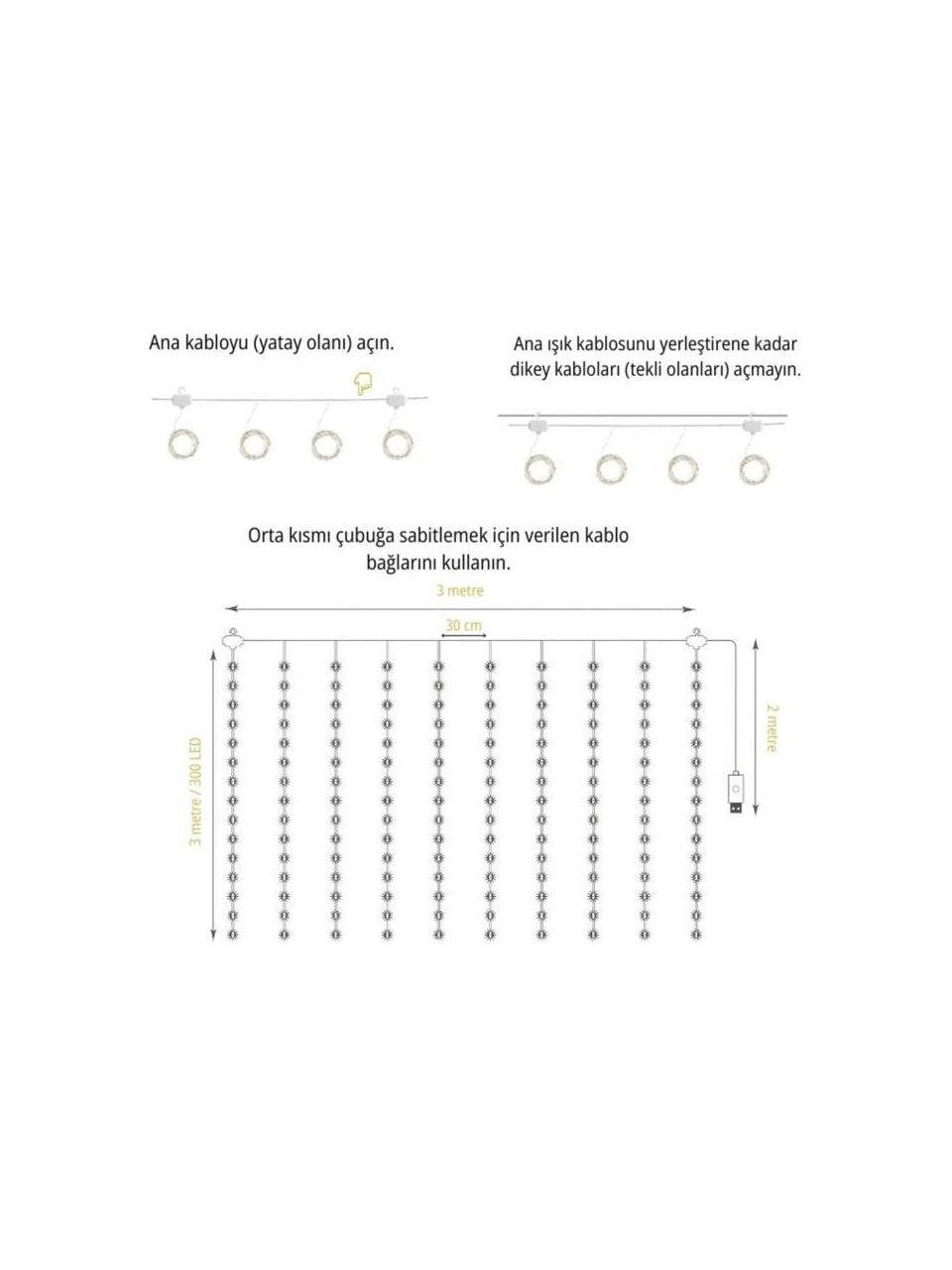 USB'Lİ 3 metre 10*30 ledli perde led kanca asmalı ışık yılbaşı led ışık dekor lambası yılbaşı ağacı ışığı organizasyon led ışık Kumandalı 3 metre*10 şerit (her şerit 3 metre 30 led) USB girişli - G5G - KolayMagza